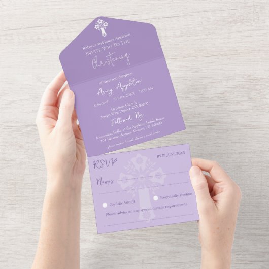 Alles in één uitnodiging Bloemenkruisdoop Lila (Afscheurbaar)