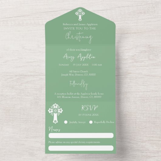 Alles in één uitnodiging Floral Cross Sage Green (Binnen)