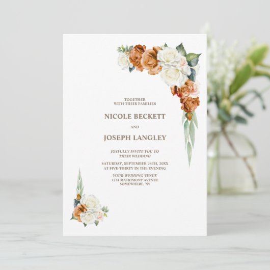 Alles in één verbrande Oranje witte bloemenbruilof Kaart (Staand voorkant)