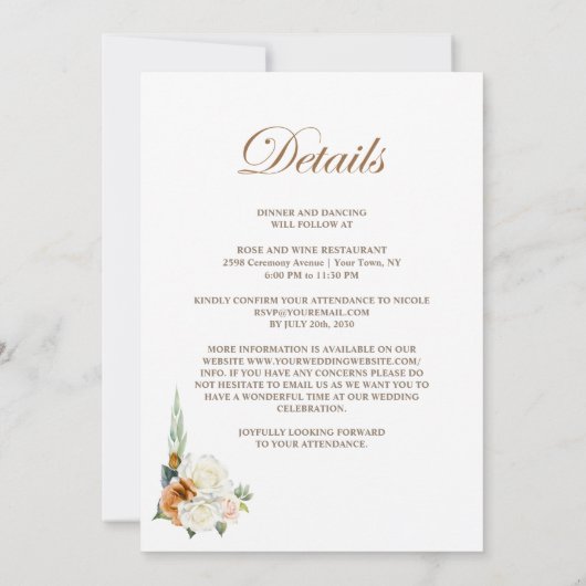 Alles in één verbrande Oranje witte bloemenbruilof Kaart (Achterkant)