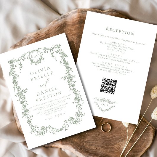 Alles in één Victoriaans Sage Green QR Code Weddin Kaart