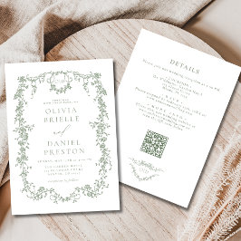 Alles in één Victoriaans Sage Green QR Code Weddin Kaart