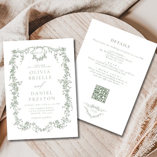 Alles in één Victoriaans Sage Green QR Code Weddin Kaart