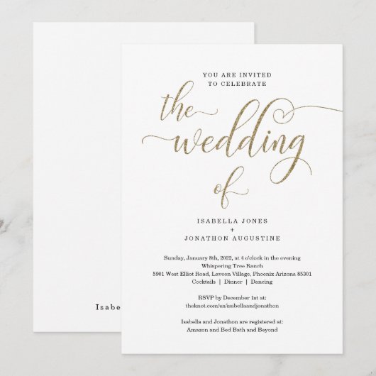 Alles in één W-RSVP en Gold Glitter Wedding Kaart (Voorkant / Achterkant)