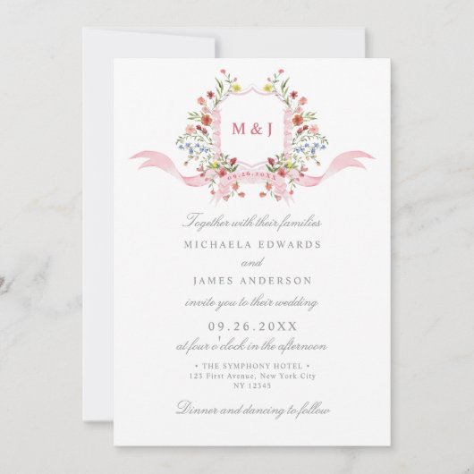 Alles in één Waterverf Regency Crest QR Wedding Kaart (Voorkant)