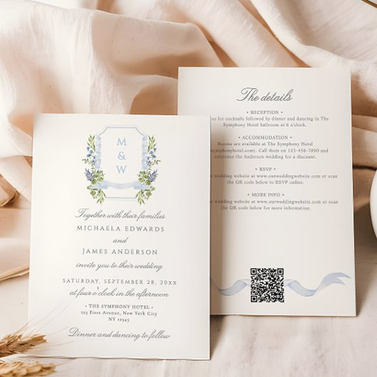 Alles in één Waterverf Regency Crest QR Wedding Kaart