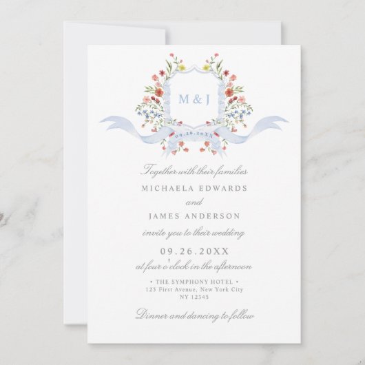 Alles in één Waterverf Regency Crest QR Wedding Kaart (Voorkant)