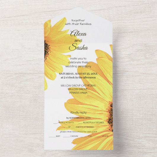 Alles in één Waterverf Sunflower Wedding Invite All In One Uitnodiging (Binnen)