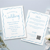 Alles in een Wavy Hand getekend Blauw QR RSVP brui Kaart