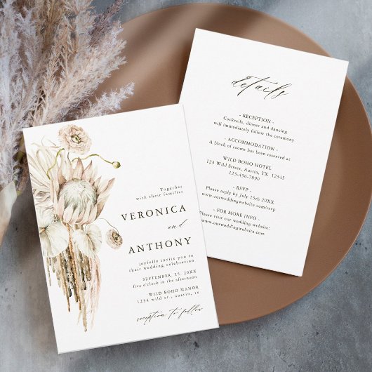 Alles in één Wild Boho Protea Pampas Grass Wedding Kaart