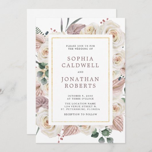 Alles in één witte rozen tropische bloemen bruilof kaart (Voorkant / Achterkant)