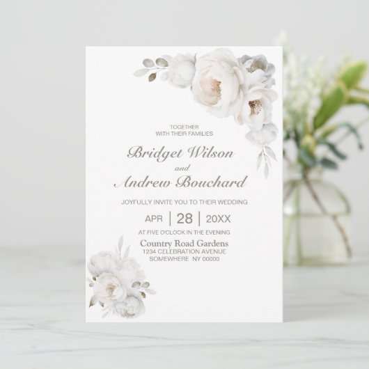 Alles in één witte winter bloemenbruiloft kaart (Staand voorkant)