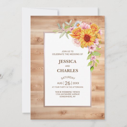 Alles in één zonnebloem bloemenhout bruiloft kaart (Voorkant)