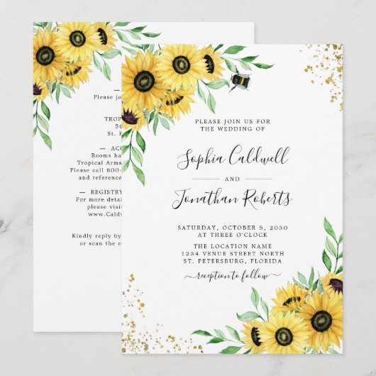 Alles in één zonnebloem Bumble Bee Greenery Weddin Kaart (Voorkant / Achterkant)