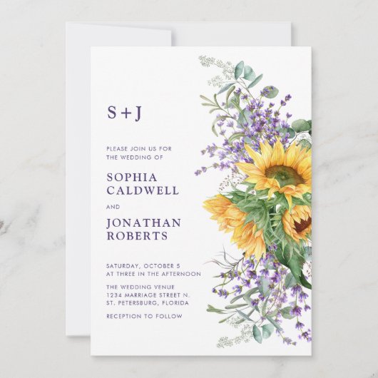 Alles in een zonnebloem en lavendel bruiloft kaart (Voorkant)