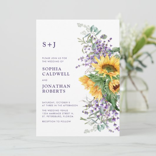 Alles in een zonnebloem en lavendel bruiloft kaart (Staand voorkant)