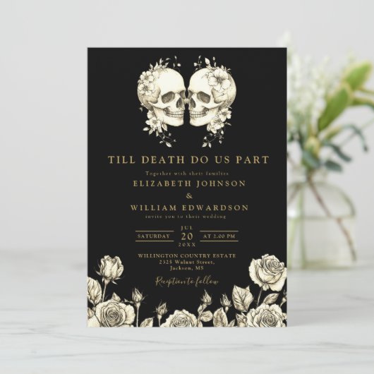 Alles in een zwart en goud gotische QR-code bruilo Kaart (Staand voorkant)