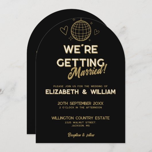 Alles in een zwart en goud groovy disco bruiloft kaart (Voorkant / Achterkant)