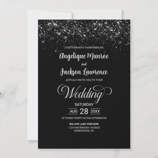 Alles in één zwart glitter bruiloft kaart (Voorkant)