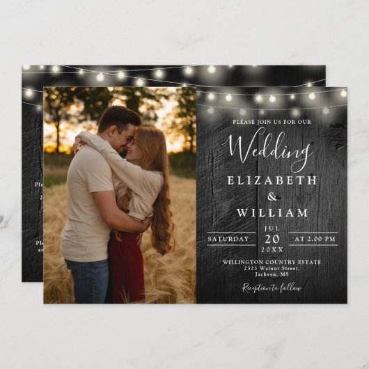 Alles in een zwart hout string lichten bruiloft fo kaart (Voorkant / Achterkant)