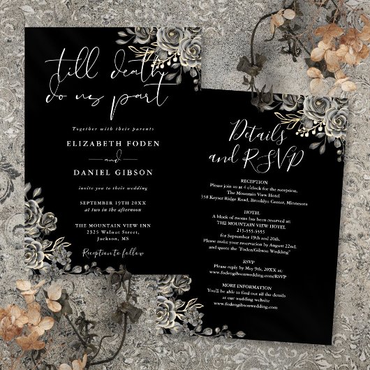 Alles in een zwart-wit gotische bloemenbruiloft kaart