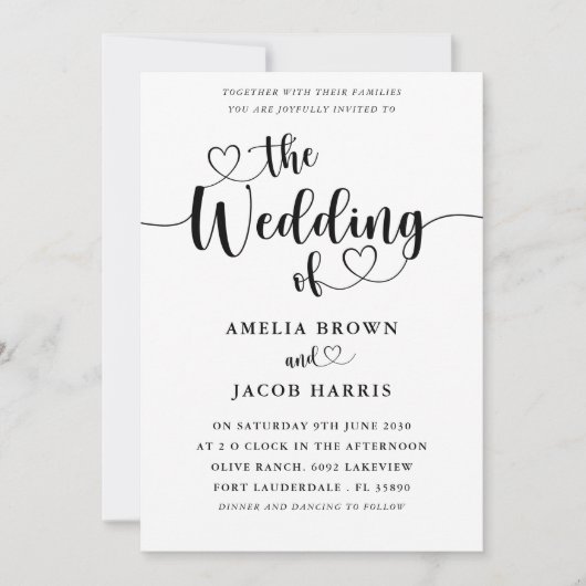 Alles-in-één zwart-wit kalligrafie bruiloft kaart (Voorkant)