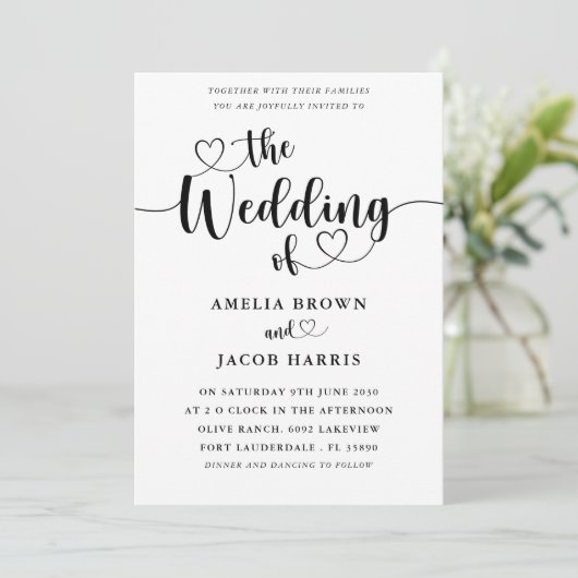 Alles-in-één zwart-wit kalligrafie bruiloft kaart (Staand voorkant)