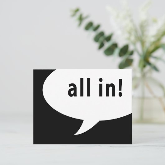 Alles in! komische spraakbel briefkaart (Staand voorkant)