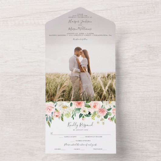 Alles in One Airy Blush Wedding Invite met foto All In One Uitnodiging (Binnen)