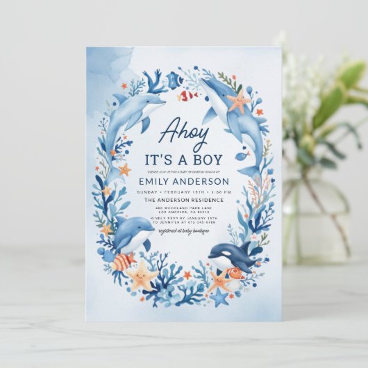 Alles in One Boy's Under the Zee Blue Baby shower Kaart (Staand voorkant)