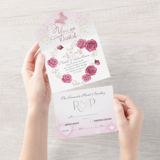 Alles in One Wedding Invite para boda con rosas All In One Uitnodiging (Afscheurbaar)