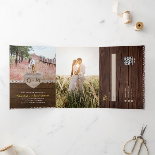 Alles Inclusief Rustiek Houten Kant Foto RSVP Prog Drieluik Uitnodiging (Binnen)