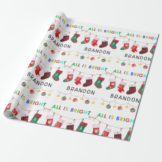 Alles is Bright Christmas gepersonaliseerde naam Cadeaupapier (Uitgerold)