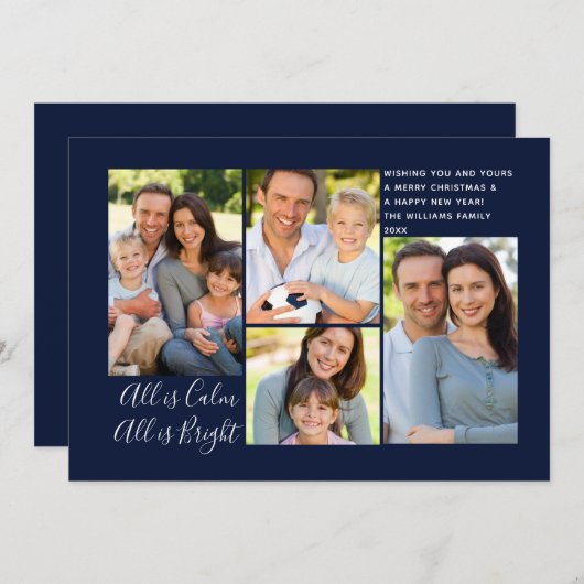 Alles is Calm All is Bright 4 Photo Navy Blue Whit Feestdagenkaart (Voorkant / Achterkant)