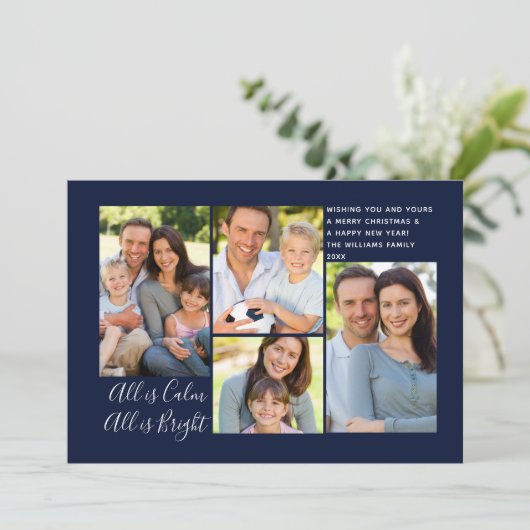 Alles is Calm All is Bright 4 Photo Navy Blue Whit Feestdagenkaart (Staand voorkant)