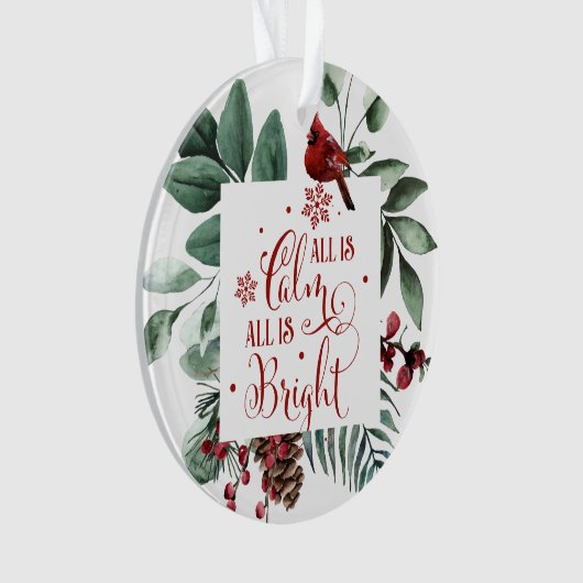 Alles is Calm All is Bright Cardinaal Greenery Xma Ornament (voorkant)