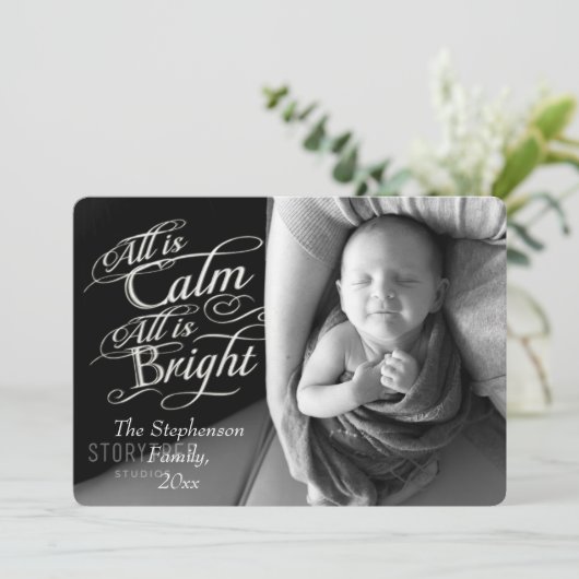 Alles is Calm en Bright Bekleding met kerstfoto Feestdagenkaart (Staand voorkant)