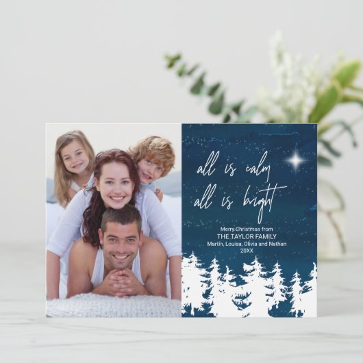 Alles is kalm en er is een heldere kerstfoto feestdagenkaart (Staand voorkant)