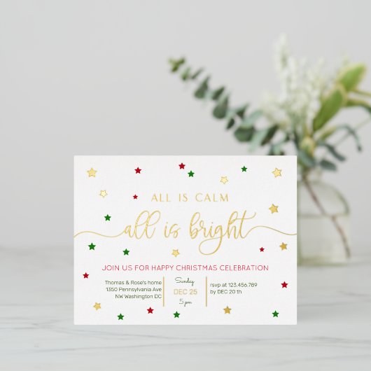 Alles is kalme gouden folie kerst feestuitnodiging folie uitnodiging briefkaart (Staand Voorkant)