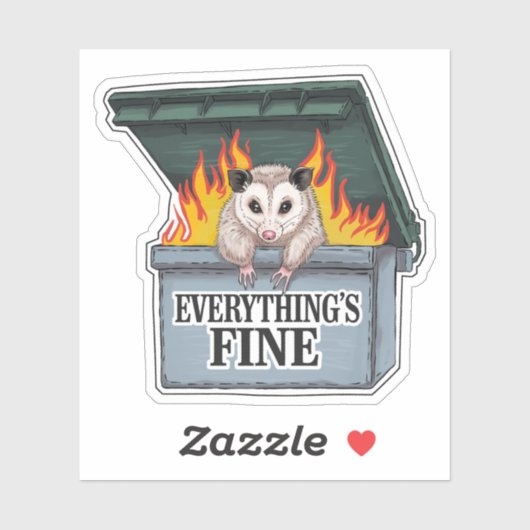 Alles is prima Opossum Dumpster Fire Vinyl Sticker (Vel)