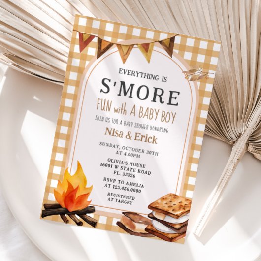 Alles is S'more Fun Gingham Baby shower Kaart