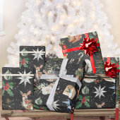 Alles Kerst Rendier Holly Stars Zwart Cadeaupapier
