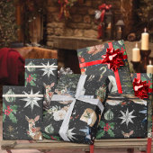 Alles Kerst Rendier Holly Stars Zwart Cadeaupapier