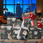 Alles Kerst Rendier Holly Stars Zwart Cadeaupapier