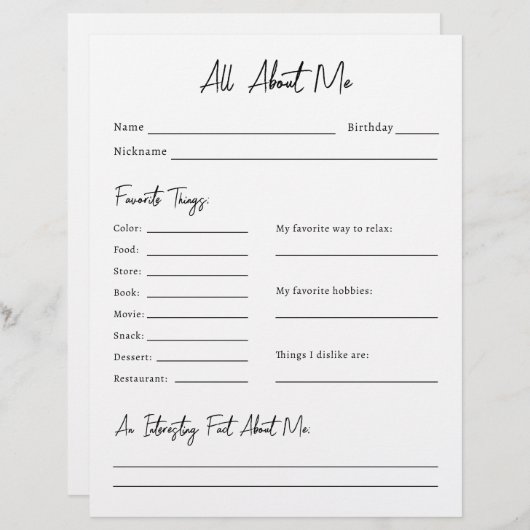 Alles over mij enquête (Voorkant / Achterkant)