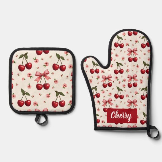 Alles over Print Kersen & Bogen Ovenwant & Pannenlap Set (Voorkant)