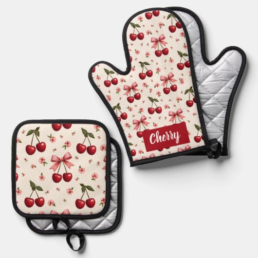 Alles over Print Kersen & Bogen Ovenwant & Pannenlap Set (Voorkant / Achterkant)