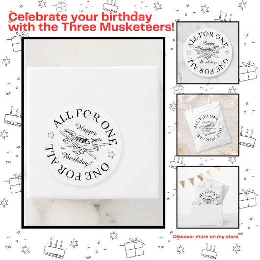 Alles voor een voor alle musketier Happy Birthday Bedankjes Labels