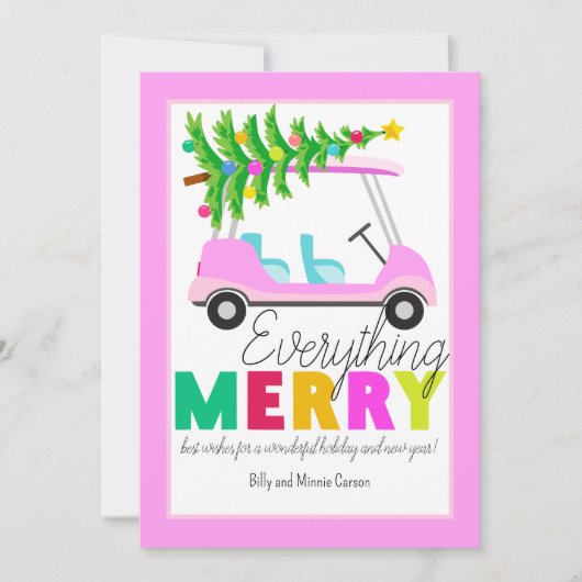 Alles vrolijk roze golfkar kerstboom feestdagenkaart (Voorkant)