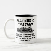 Alles wat ik nodig heb is deze stoomtrainmotor en  tweekleurige koffiemok (Links)